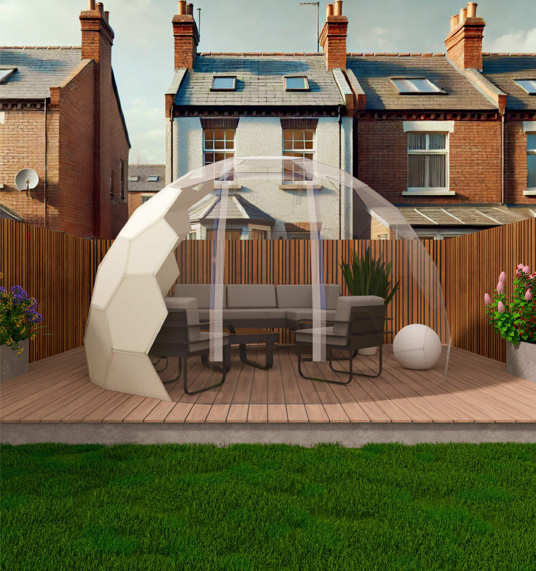 A GeoDomeX dome with sunshade privacy panels fitted along one side