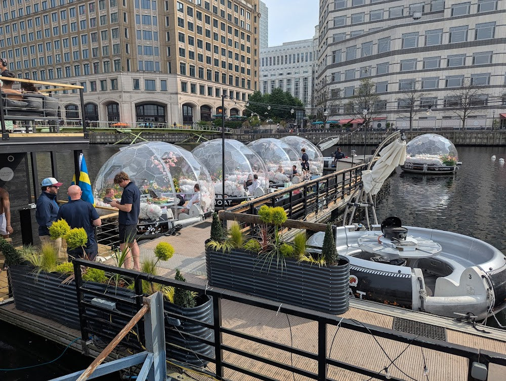 Floating GeoDomeX domes on the water in London Docklands